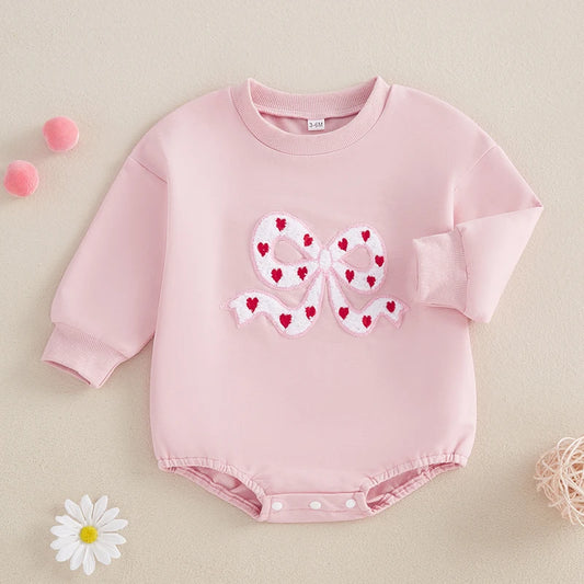 Baby Girl Bubble Romper Heart Bow Embroidery Long Sleeve Crew Neck Valentine's Day Jumpsuit