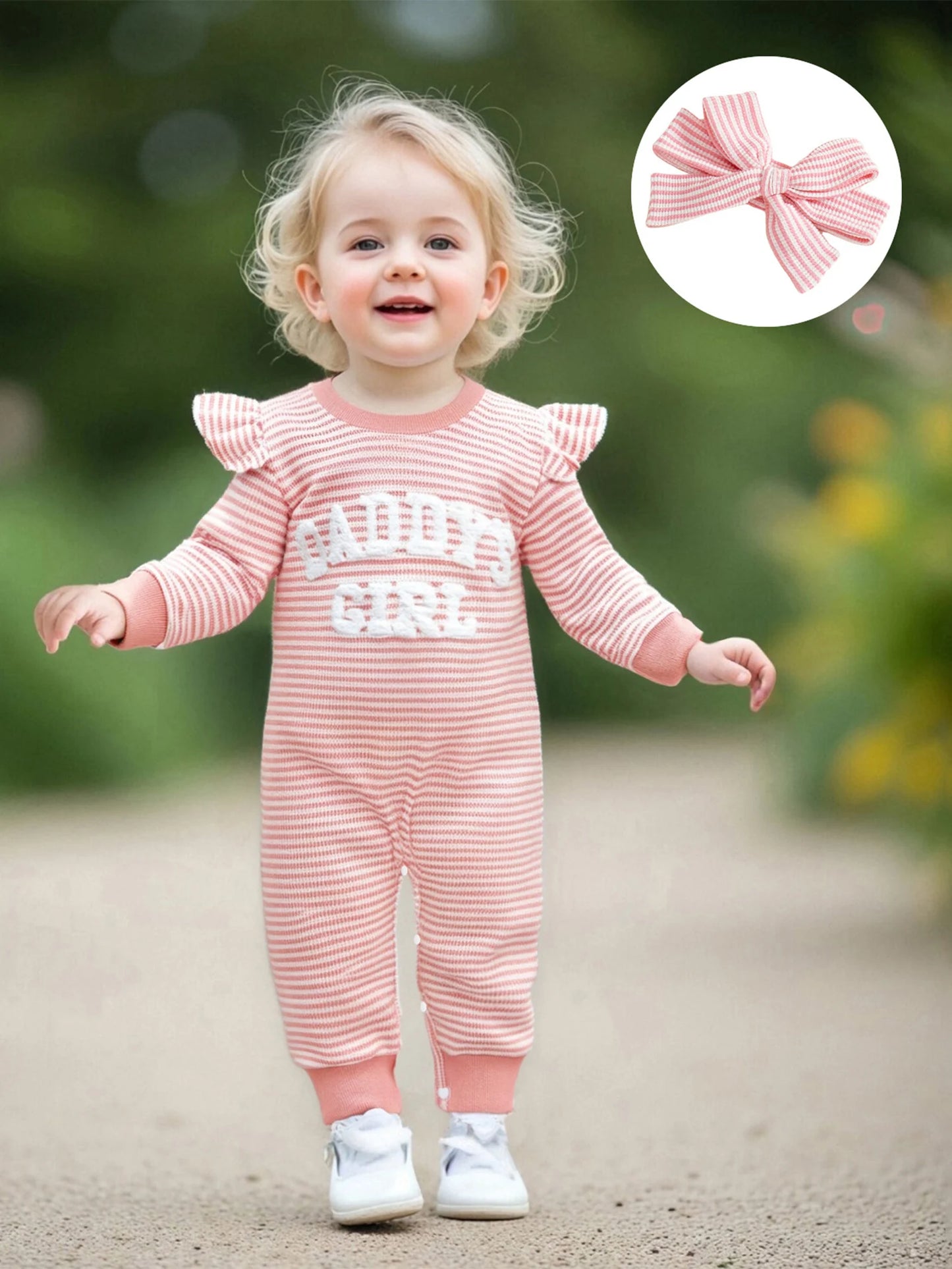 Baby Girls 2Pcs Daddy's Girl Striped Romper Letter Embroidery Ruffled Long Sleeves Jumpsuits and Cute Headband Set