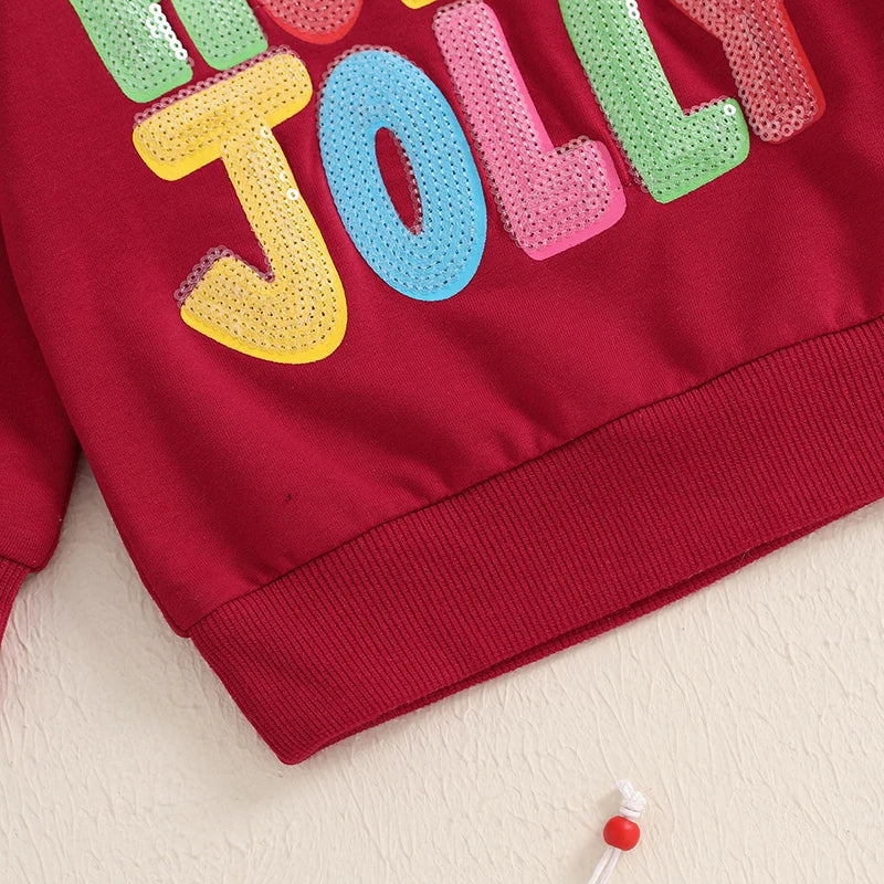 Baby Toddler Kids Boys Girls Holly Jolly Christmas Long Sleeve O Neck Sequins Letter Embroidery Pullover Top