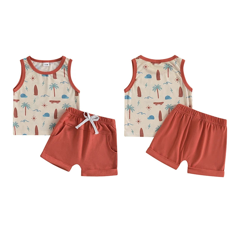 Baby Toddler Boys 2Pcs Summer Clothes Sleeveless Pattern Sea Turtles Palm Tree Waves Print Tank Top Solid Shorts Set Beach Outfit