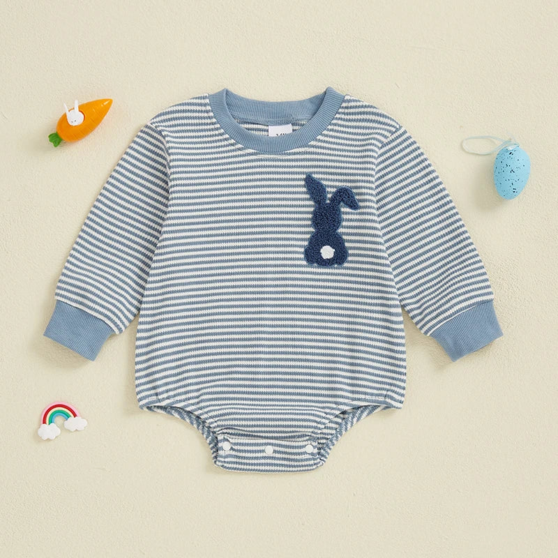 Baby Girls Boys Easter Romper Stripe Bunny Rabbit / Carrot Embroidery Long Sleeve Jumpsuit Bodysuit