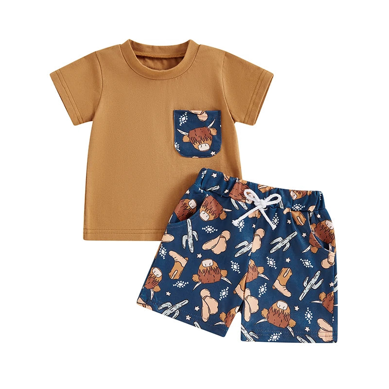 Baby Toddler Boys 2Pcs Summer Outfit Pocket Round Neck Short Sleeve Top Cow Head Cowboy Boots Cactus Print Elastic Waist Shorts Set