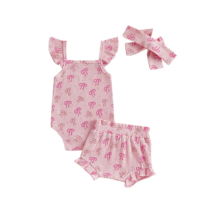 Baby Girls 3Pcs Summer Set Bow Print Fly Sleeve Romper Elastic Waist Ruffle Shorts Headband Outfit Clothes Spring