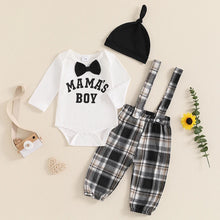 Load image into Gallery viewer, Baby Boys 3Pcs Mama&#39;s Boy Gentleman Outfit Long Sleeve Letter Embroidery Romper Bowtie Plaid Suspender Pants Beanie Hat Set
