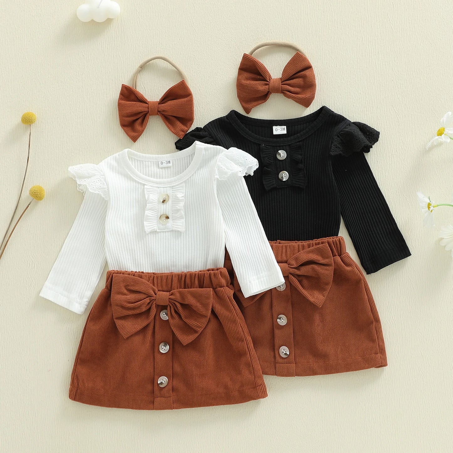 Baby Girls 3Pcs Outfit Long Sleeve Romper with Mini Skirt Bowknot Headband Fall Set
