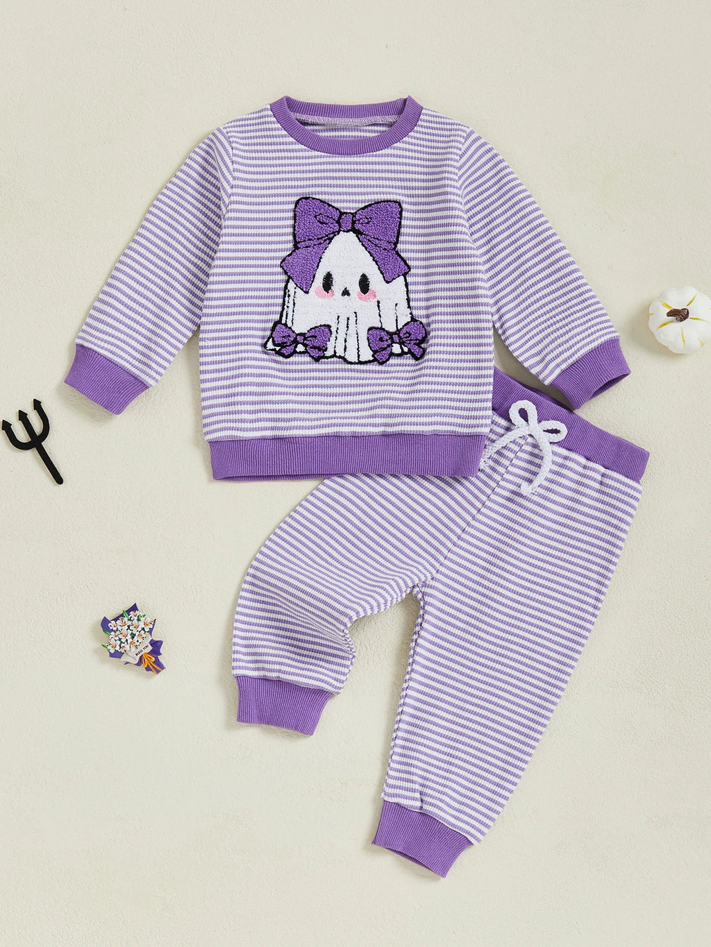 Baby Toddler Girls 2Pcs Pants Set Embroidery Ghost Long Sleeve Top with Striped Jogger Pants Halloween Clothes