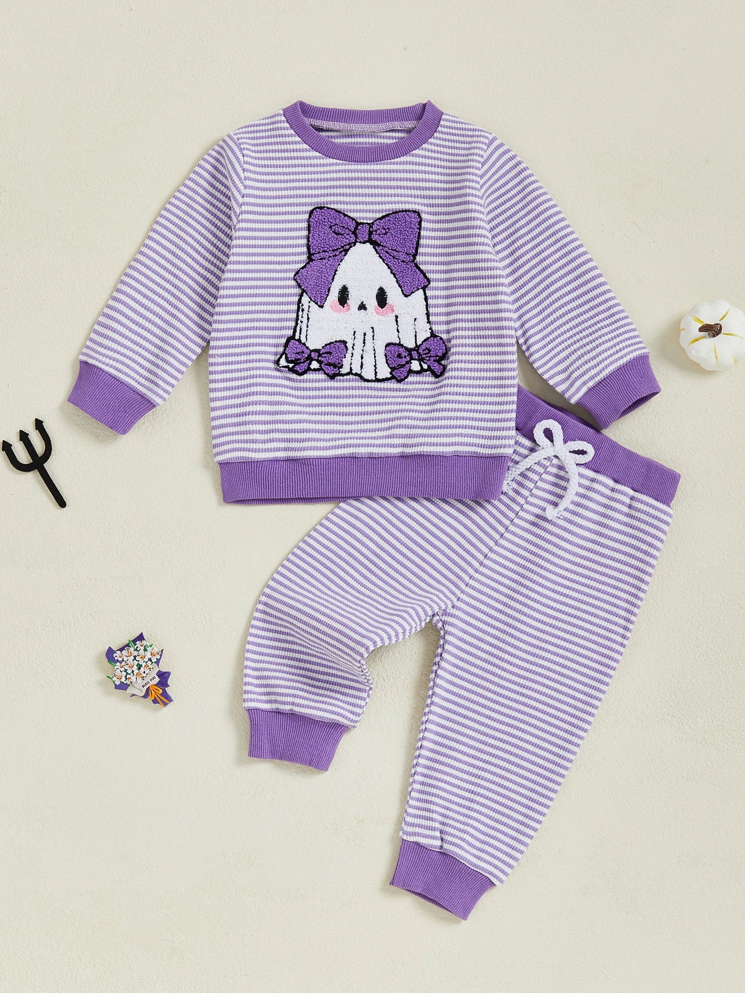 Baby Toddler Girls 2Pcs Pants Set Embroidery Ghost Long Sleeve Top with Striped Jogger Pants Halloween Clothes