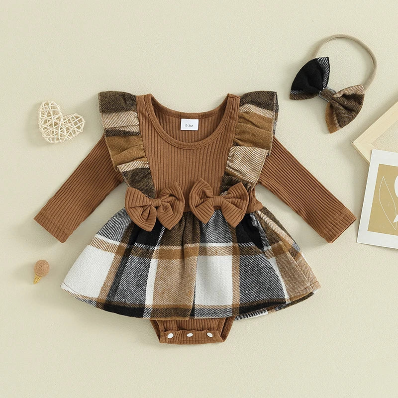 Baby Girls 2Pcs Autumn Romper Dress Long Sleeve Ruffle Houndstooth / Plaid Print Romper Overall Skirt With Headband Set