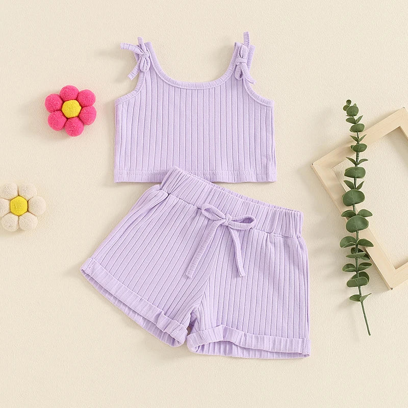 Baby Toddler Girls 2Pcs Summer Outfit Solid Color Ribbed Tank Top Tie Strap Shorts Clothes Matching Set