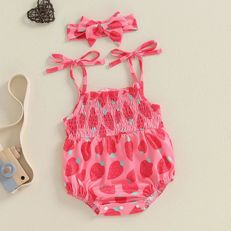 Baby Girls 2Pcs Sleeveless Romper Strawberry/Baseball Print Tie Spaghetti Straps Tank Summer Jumpsuit and Headband Set