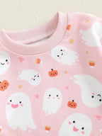 Baby Toddler Girls 2Pcs Halloween Outfit Ghost Pumpkin Print Crew Neck Long Sleeve Top and Pants Set