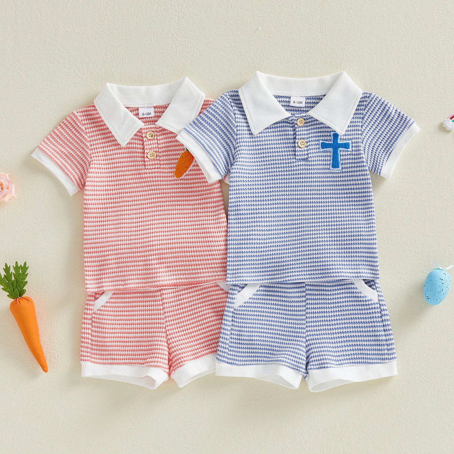 Baby Toddler Boys 2Pcs Easter Outfit Fashionable Striped Short Sleeve Carrot Cross Embroidery Top with Shorts 2Pcs Clothing Set