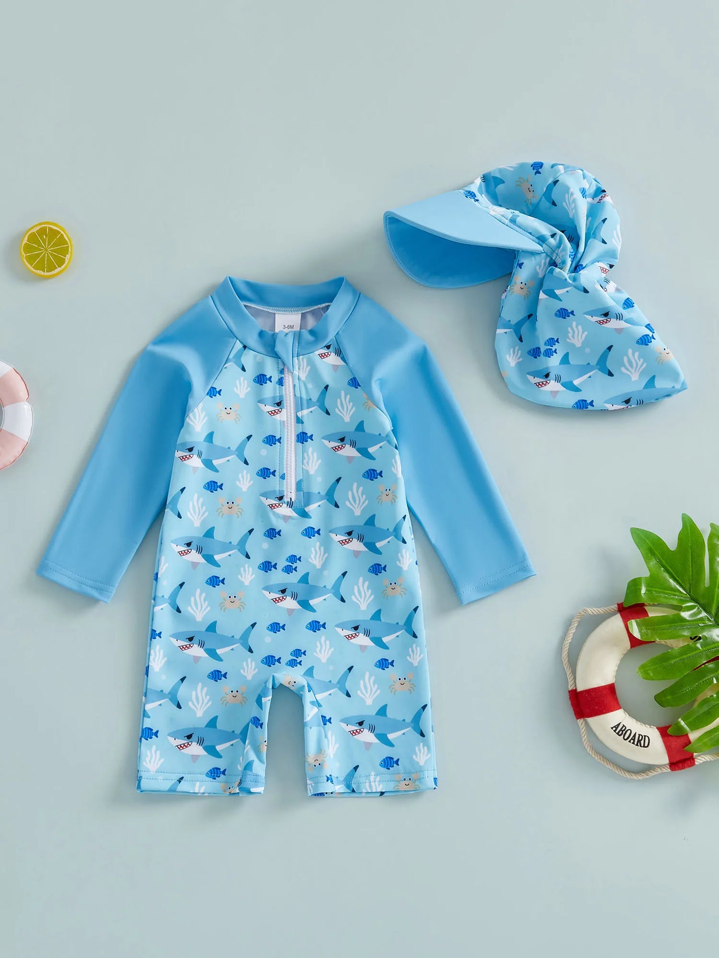 Baby Toddler Boy 2Pcs Rash Guard Swimsuit Shark Duck Print Long Sleeve Zip Up Bathing Suit with Sun Cap Hat Set