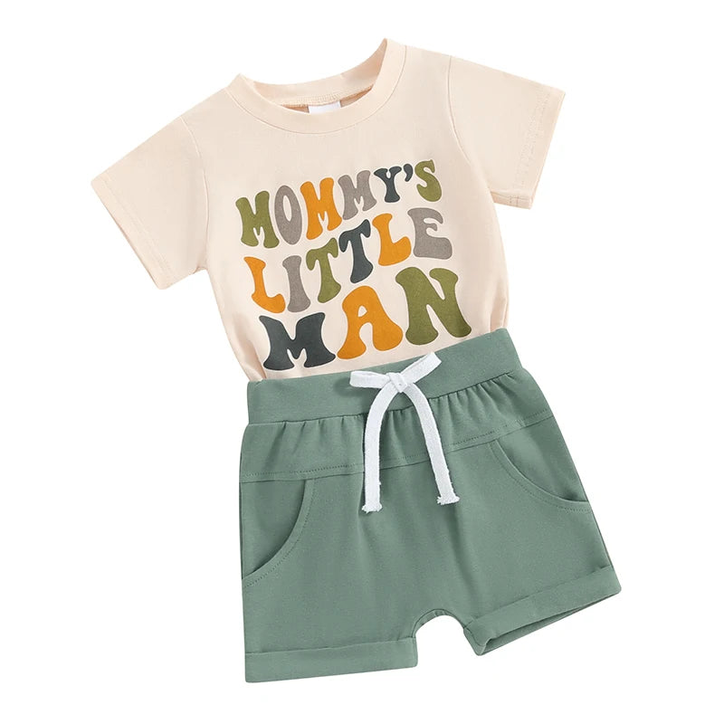 Toddler Baby Boy 2Pcs Mommy's Little Man Letter Print Short Sleeve Top Elastic Shorts Spring Summer Outfit Set