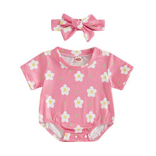 Load image into Gallery viewer, Baby Girl 2Pcs Summer Outfit Short Sleeve Flower Leaf Print Romper with Headband Set
