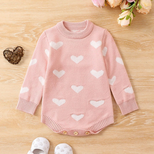 Baby Toddler Girl Knit Sweater Romper Long Sleeve Heart Print Jumpsuit Valentine's Day