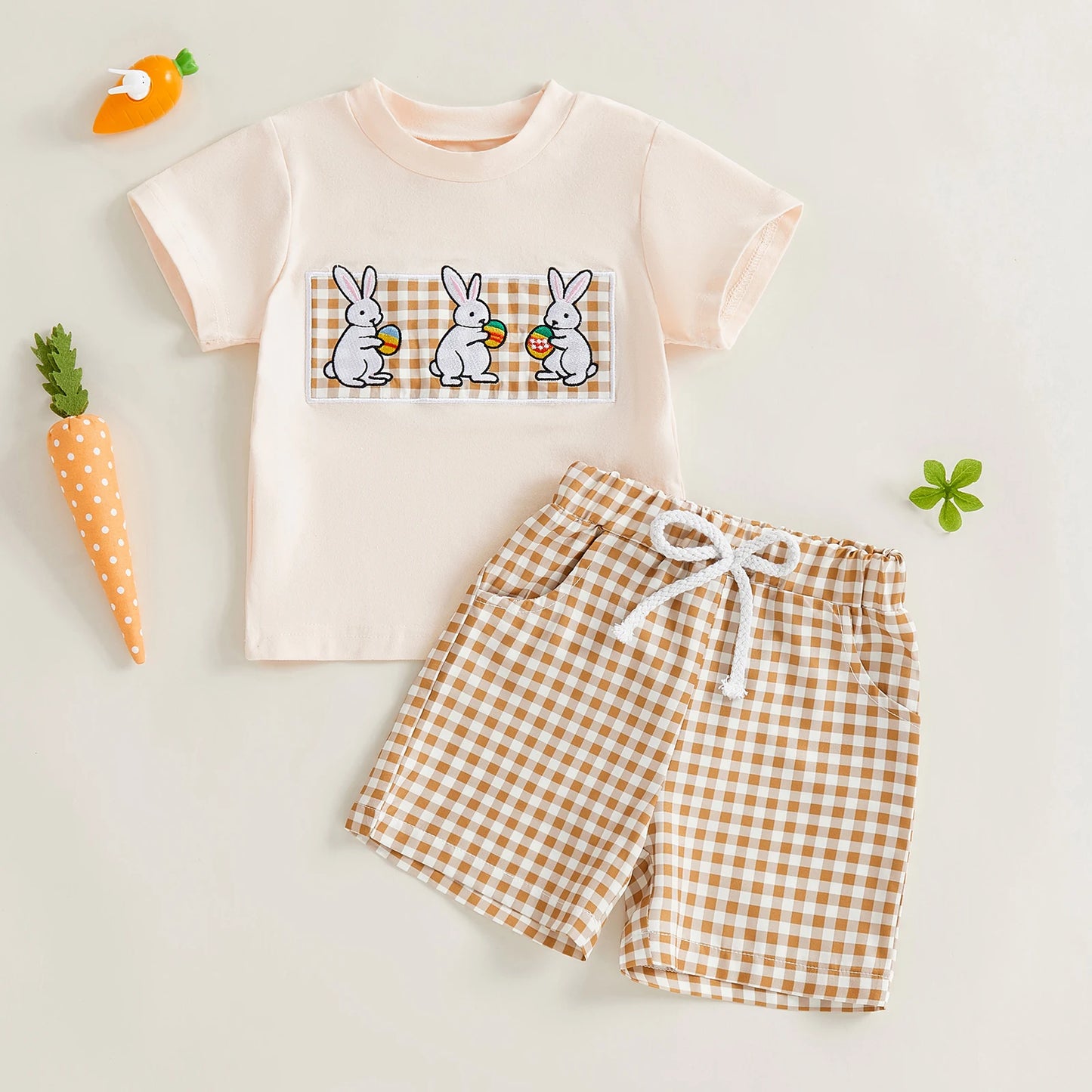 Baby Toddler Boys 2Pcs Easter Outfit Short Sleeve Round Neck Rabbit Embroidery Top and Plaid Shorts Set