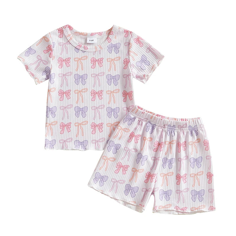 Baby Toddler Girls 2Pcs Ribbed Shorts Set Bow Heart Print Short Sleeve Round Neck Top Elastic Waistband Shorts