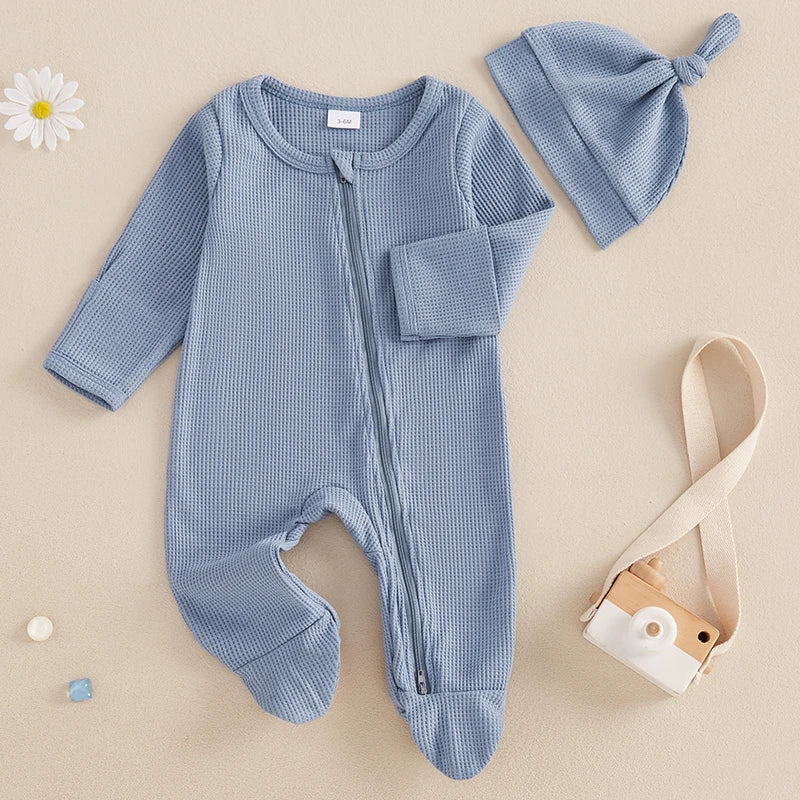 Baby Boys Girls 2Pcs Fall Footed Zipper Romper Solid Color Waffle Long Sleeve Crew Neck Jumpsuit with Hat Set Outfit