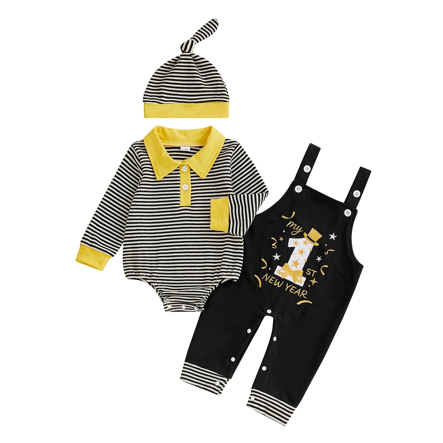 Baby Boy 3Pcs My First New Years Outfit Long Sleeve Turn Down Collar Striped Jumpsuit Letter Number Embroidery Overalls and Hat Set