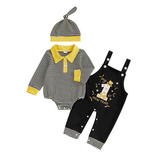 Baby Boy 3Pcs My First New Years Outfit Long Sleeve Turn Down Collar Striped Jumpsuit Letter Number Embroidery Overalls and Hat Set