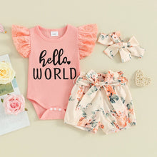 Load image into Gallery viewer, Baby Girls 3Pcs Hello World Newborn Short Sleeve Letter Print Fly Sleeve Romper with Floral Shorts and Headband Outfit Set
