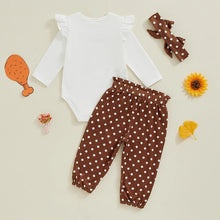 Load image into Gallery viewer, Baby Girls 3Pcs My 1st Thanksgiving / Daddy&#39;s Little Turkey Outfit Long Sleeve Romper + Polka Dots/Turkey Print Pants + Headband Fall Set
