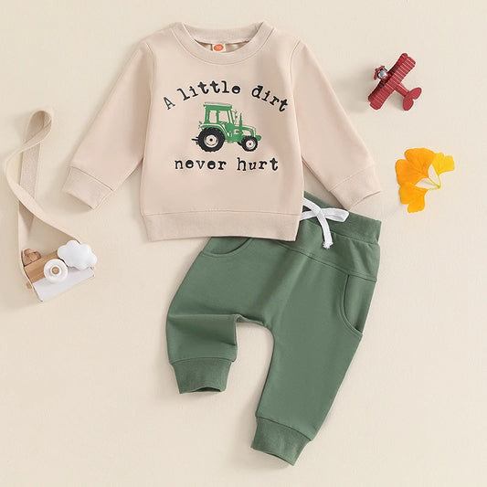 Baby Toddler Boys 2Pcs Fall A Litte Dirt Never Hurt Letter Tractor Print Long Sleeve Round Neck Top Drawstring Pocket Long Pants Outfit Set