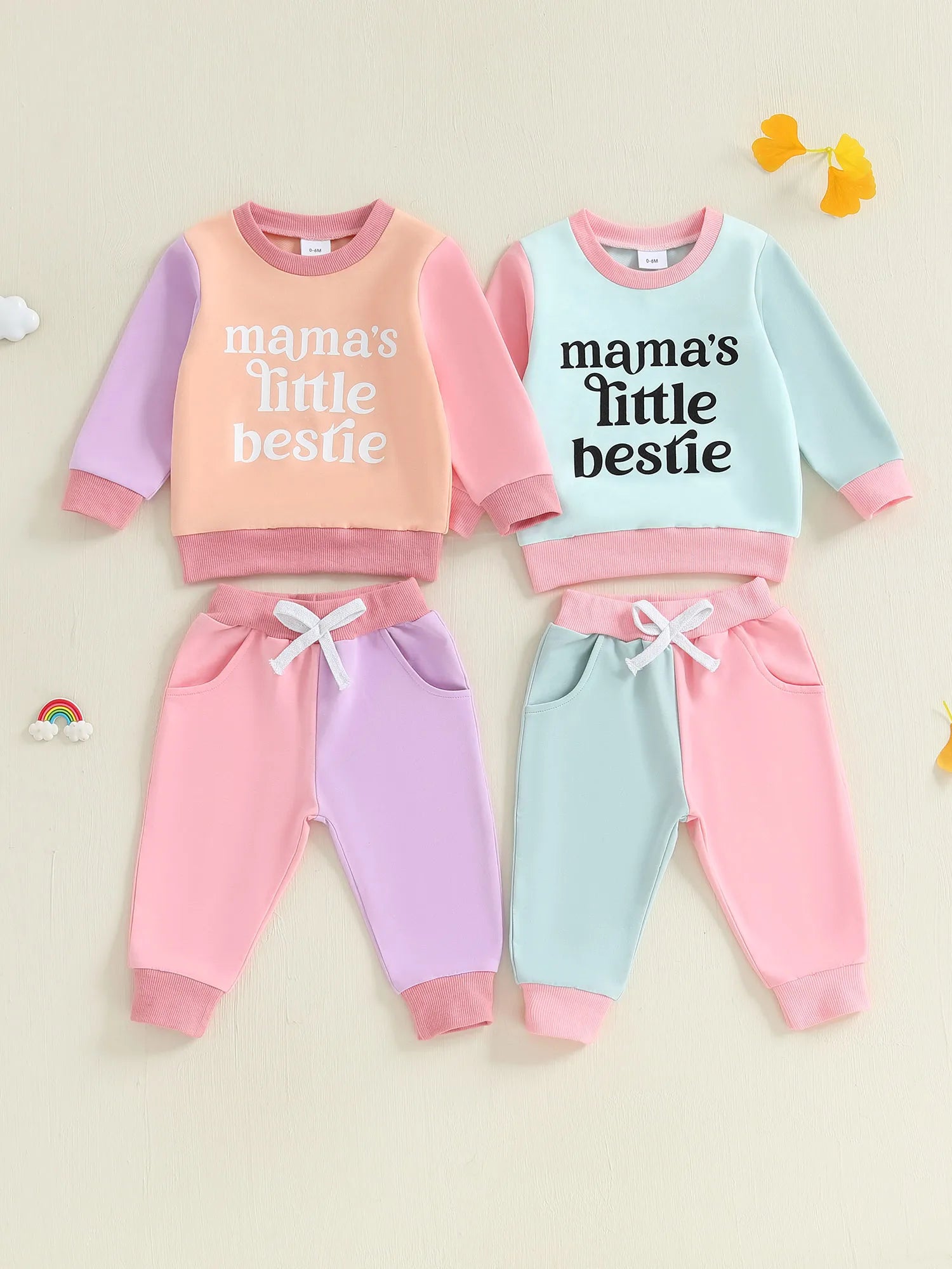 Baby Toddler Girls 2Pcs Mama's Little Bestie Long Sleeve O Neck Contrast Color Top Drawstring Pants Jogger Set