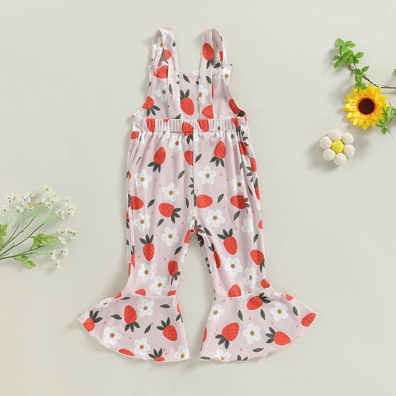 Baby Toddler Girl Summer Romper Casual Knotted Straps Floral Flowers Strawberry Print Sleeveless Flared Pant Jumpsuit