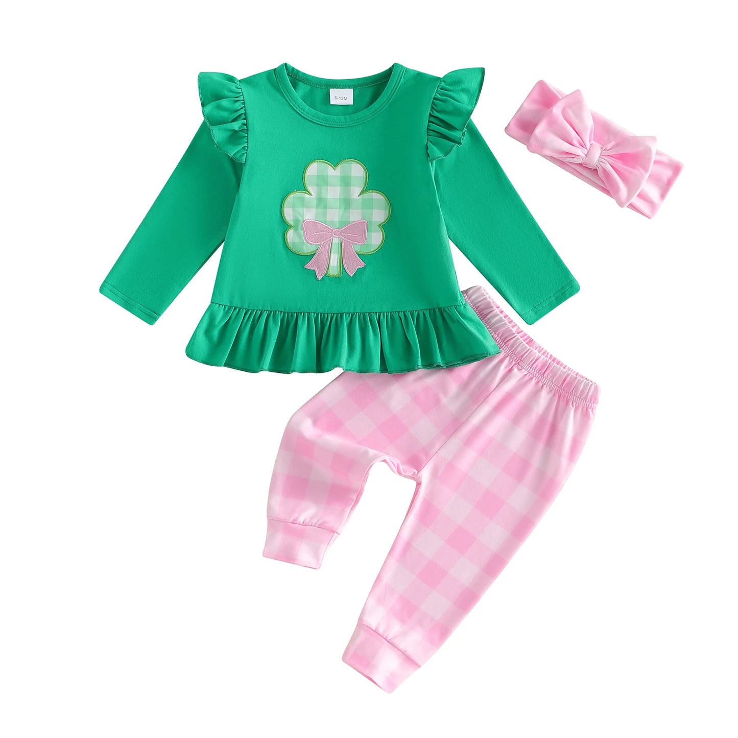 Baby Toddler Girls 3Pcs St. Patrick's Day Set Long Sleeve Clover Print Top Plaid Pant Headband Clothing Set