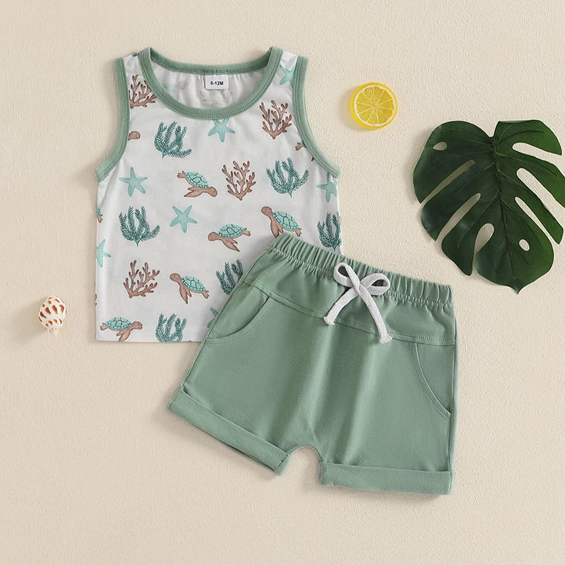 Baby Toddler Boys 2Pcs Summer Clothes Sleeveless Pattern Sea Turtles Palm Tree Waves Print Tank Top Solid Shorts Set Beach Outfit