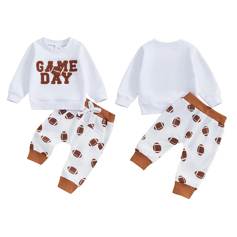 Baby Toddler Boys Girls 2Pcs Football Outfit GAME DAY Long Sleeve Letter Embroidery Top + Pants Jogger Set