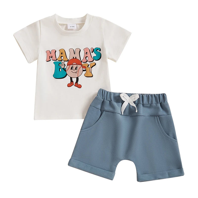 Baby Toddler Boys 2Pcs Mama's Boy Summer Outfit Letter Baseball Print O-Neck Short Sleeve Top with Elastic Waist Shorts Set