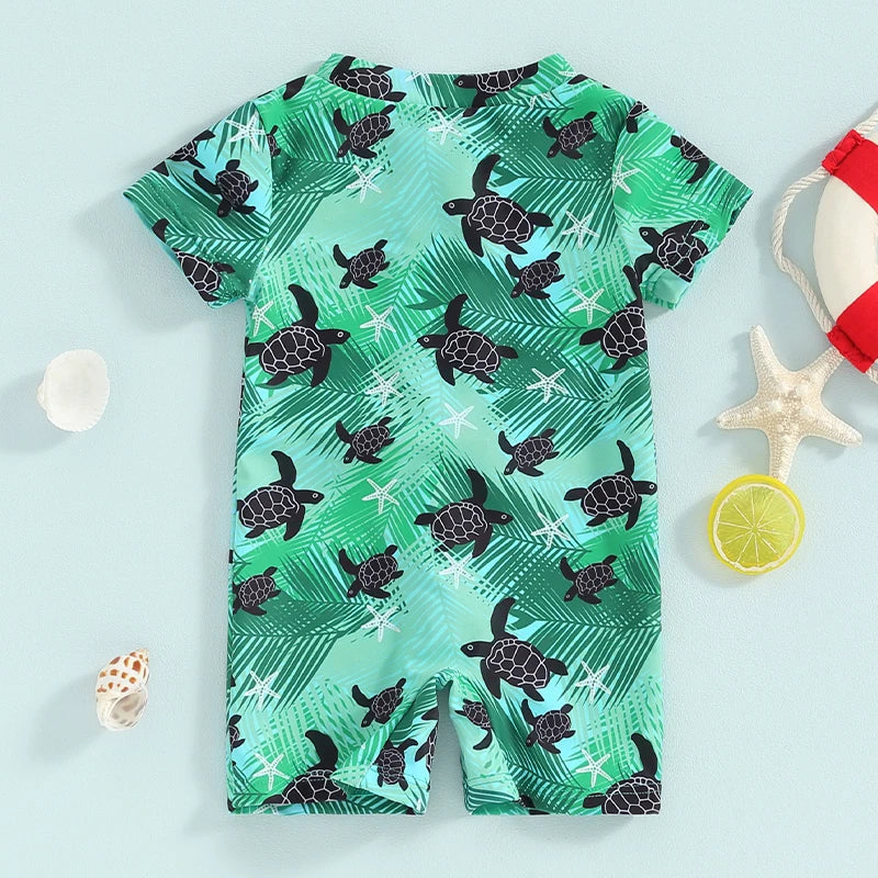 Baby Toddler Boys Summer Swimsuit Rompers Short Sleeve Turtle/Shark Print Zipper Bathing Suit Swimwear Romper