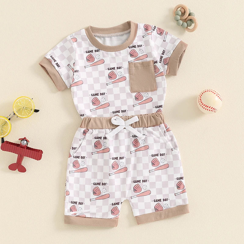 Baby Toddler Boys 2Pcs Baseball Print Short Sleeve Top with Elastic Waist Shorts Summer Outfit Set