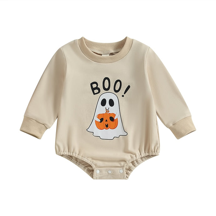 Baby Boy Girl Bodysuit Long Sleeve Crew Neck Ghost Pumpkin Boo Mini Letters Print Fall Halloween Romper