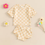 Baby Toddler Girls 2Pcs Summer Set Short Sleeve Checkerboard Flower Print Top Shorts Bloomers Outfit