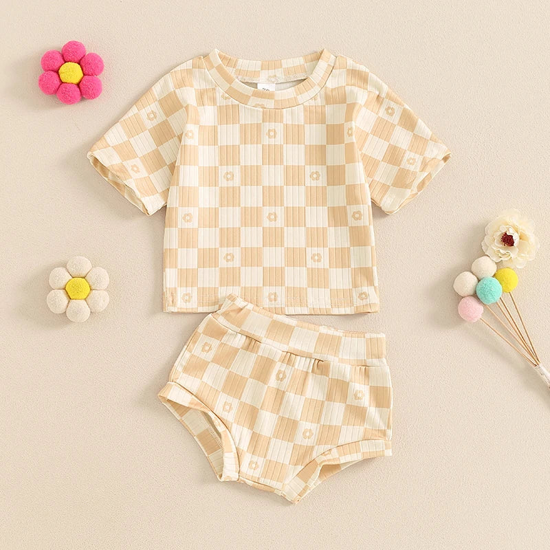 Baby Toddler Girls 2Pcs Summer Set Short Sleeve Checkerboard Flower Print Top Shorts Bloomers Outfit