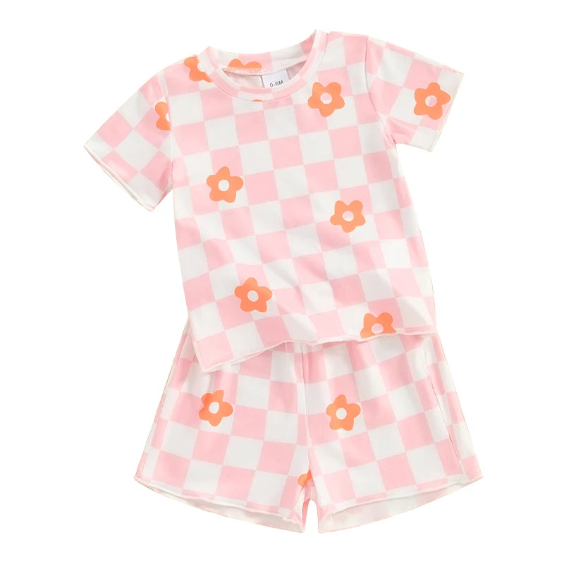 Baby Toddler Kids Girls 2Pcs Clothing Sets Floral Checkerboard Print Short Sleeve O-neck Top + Elastic Waist Shorts Set Outfit