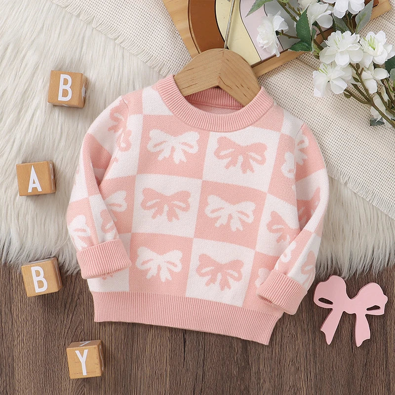 Baby Toddler Girls Sweater Bow Print Contrast Color Checkered Crew Neck Long Sleeve Baby Pullover Fall Top