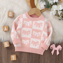 Load image into Gallery viewer, Baby Toddler Girls Sweater Bow Print Contrast Color Checkered Crew Neck Long Sleeve Baby Pullover Fall Top
