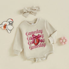 Load image into Gallery viewer, Baby Girls 2Pcs Gameday Football Letter Bow Print Long Sleeve Bubble Romper Headband Outfit Set
