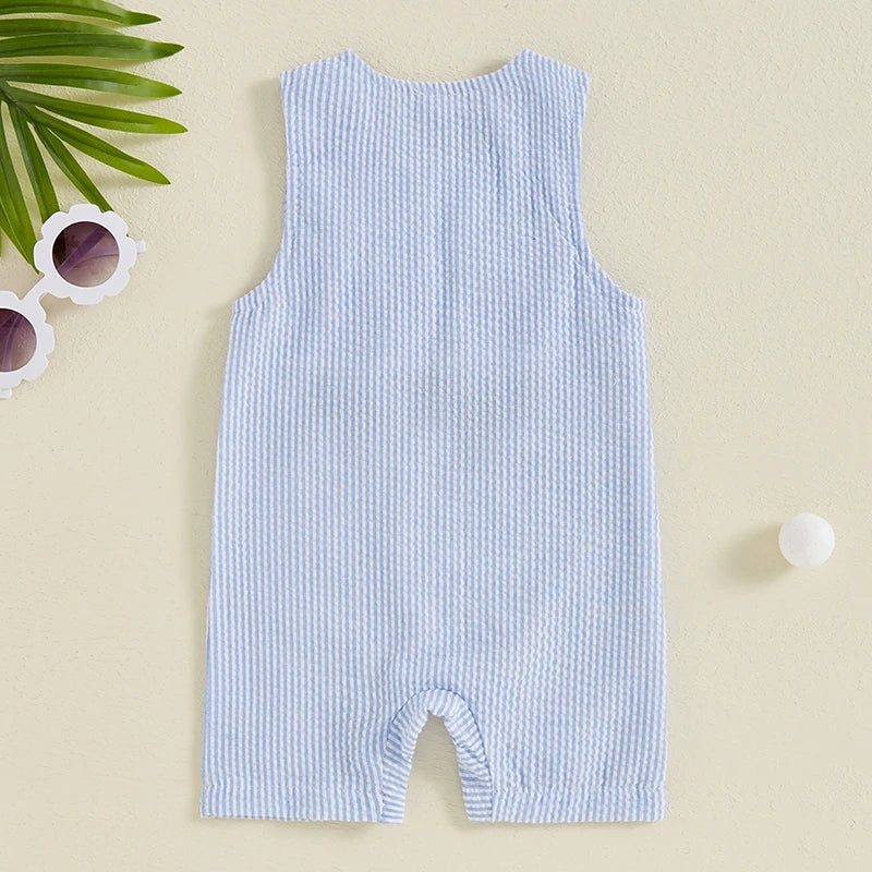 Baby Boys Jumpsuit Sleeveless Crew Neck Striped Embroidery Golf Cart Summer Romper