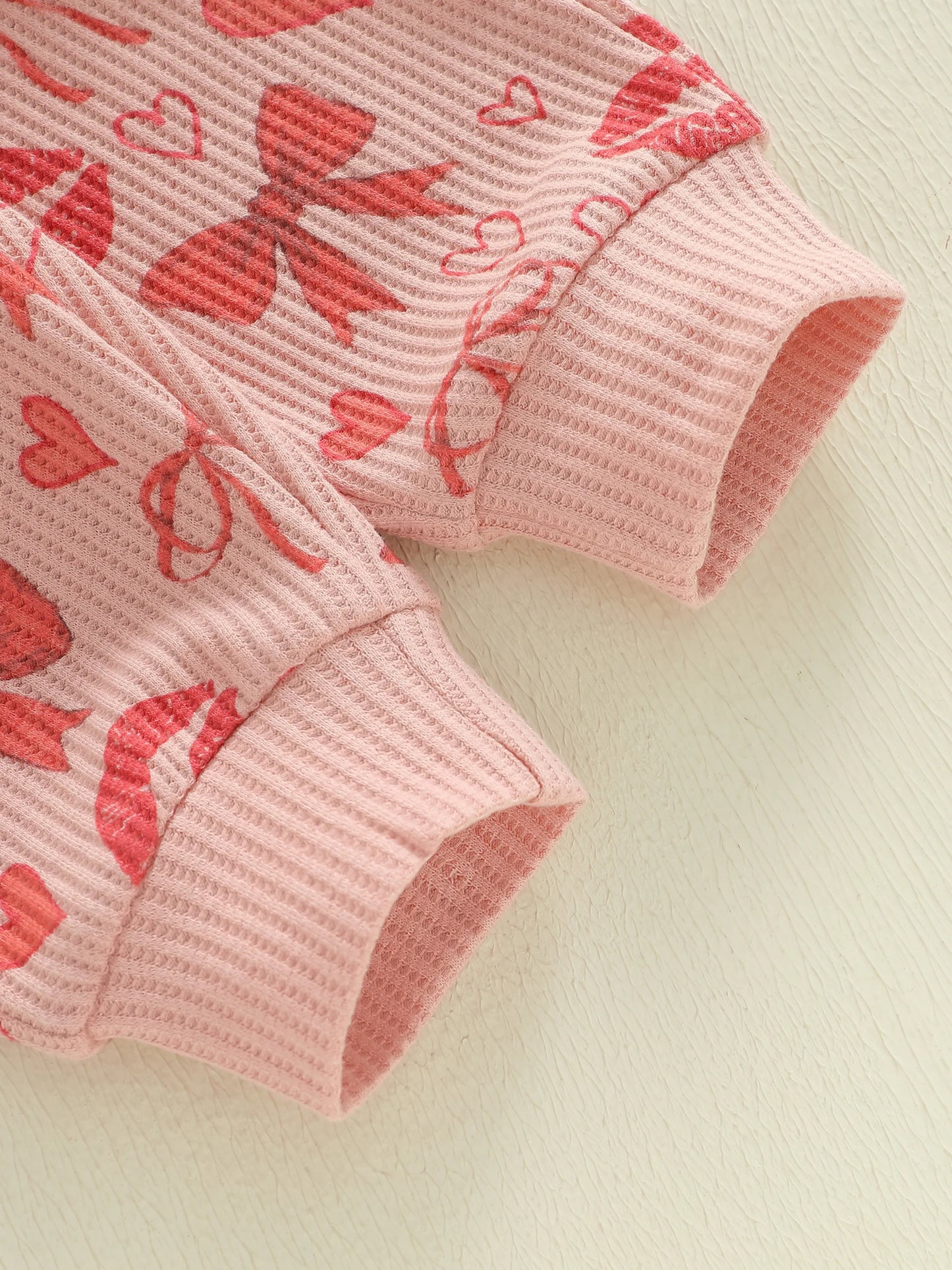 Baby Toddler Girls 2Pcs Valentine's Day Outfit Heart Bow Kiss Print Long Sleeve Crew Neck Top and Elastic Waist Pants Jogger Set