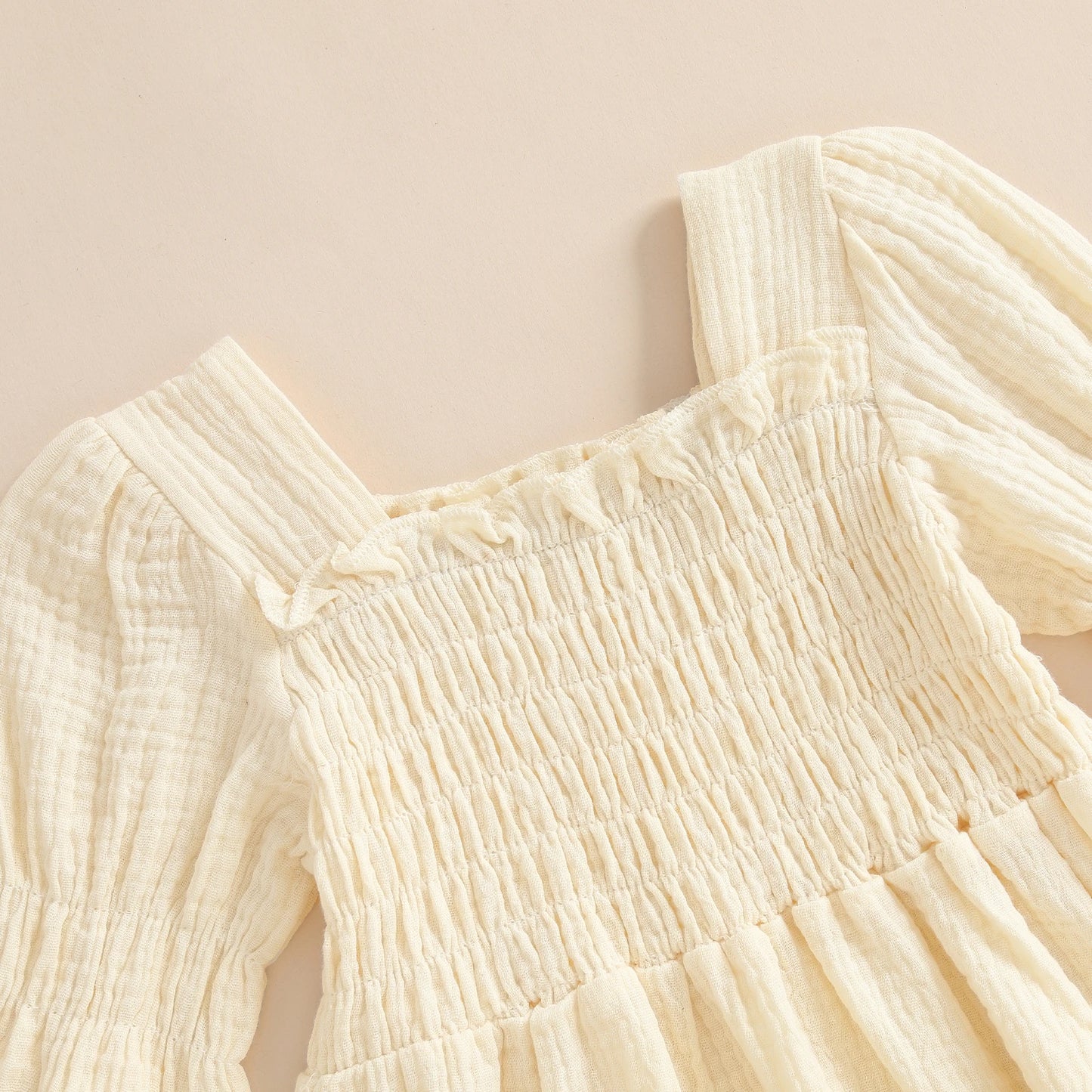 Baby Toddler Girl Bubble Sleeve Dress Stylish Solid Smocked Square Neck Long Sleeve A Line Dress