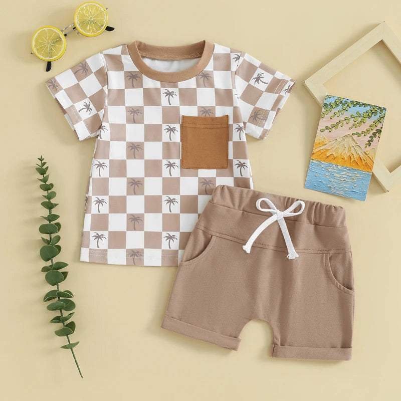 Baby Toddler Boys 2Pcs Summer Spring Shorts Set Short Sleeve Checker Palm Tree Print Top with Elastic Waist Shorts Outfit