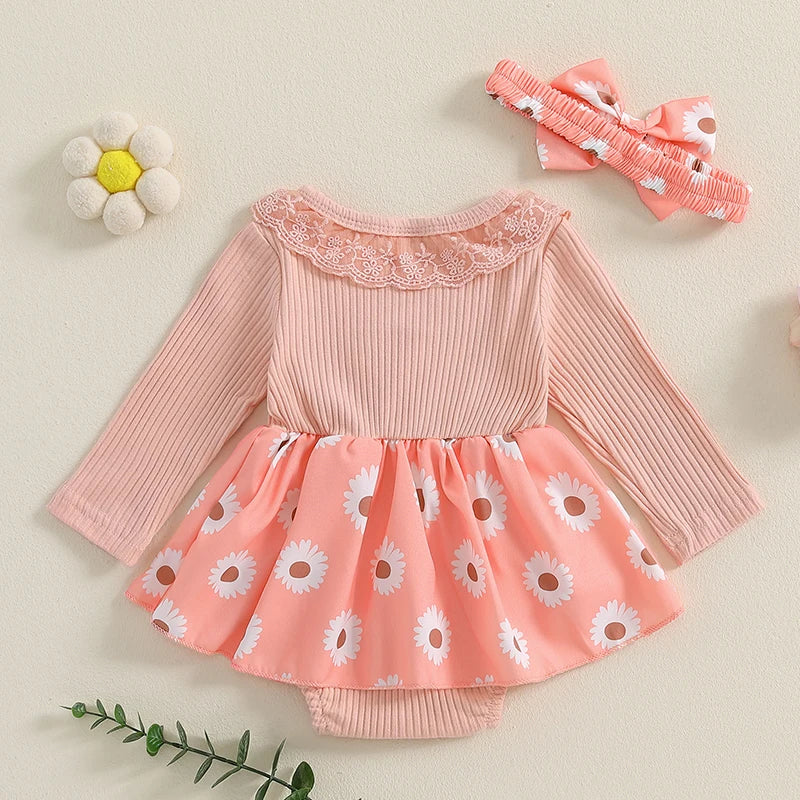 Baby Girls 2Pcs Romper Dress Floral Flower Print Lace Trim Long Sleeve Jumpsuit Romper and Headband Set