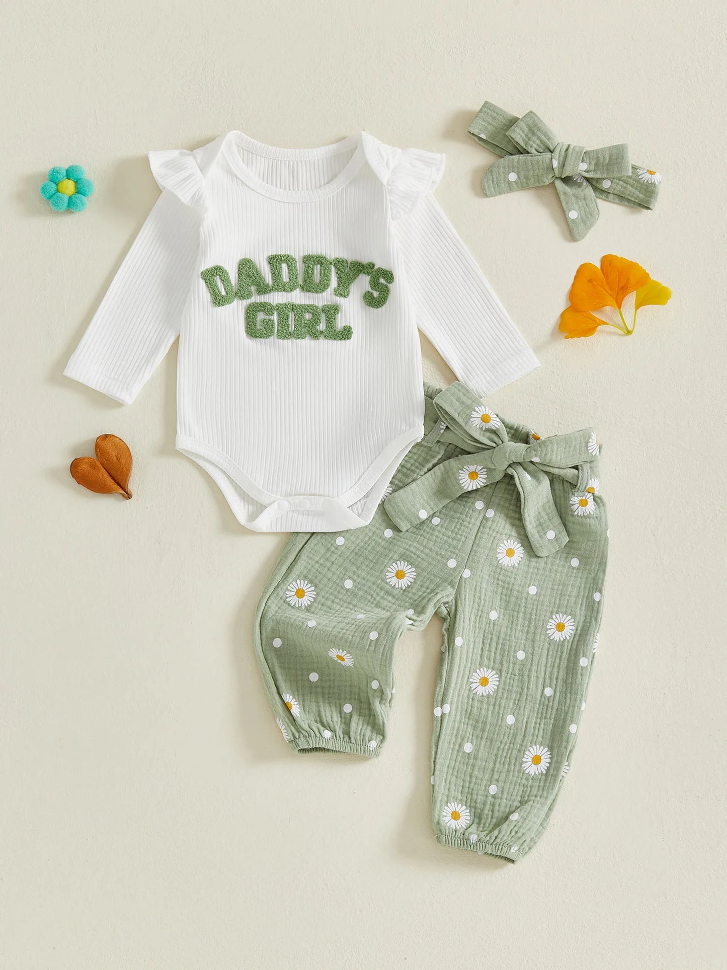 Baby Toddler Girls 3Pcs Daddy's Girl Fall Outfit Letter Embroidery Long Sleeve Romper Daisy Print Pants with Belt and Headband Set