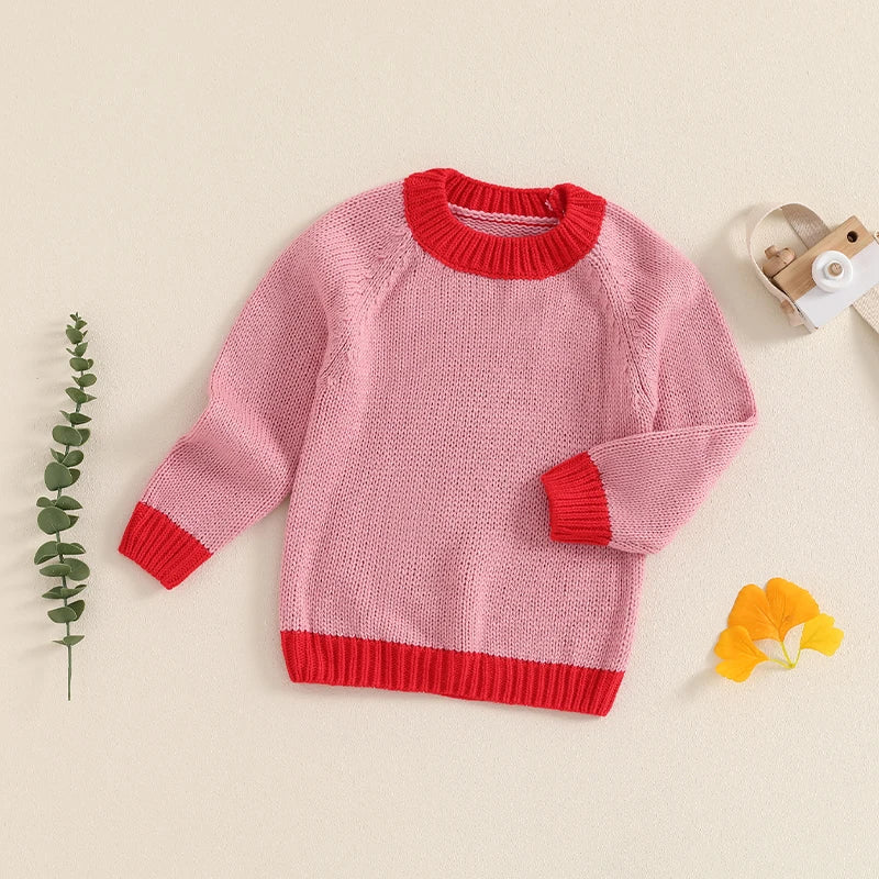 Baby Toddler Boys Girls Sweater Long Sleeve O-Neck Contrast Color Winter Warm Knit Pullover Top